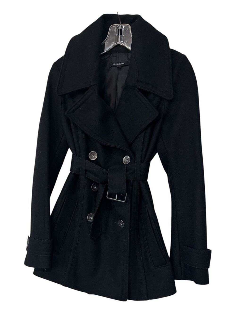 Plein Sud Double Breasted WOOL BELT PEA Coat Black SZ 8 (38)